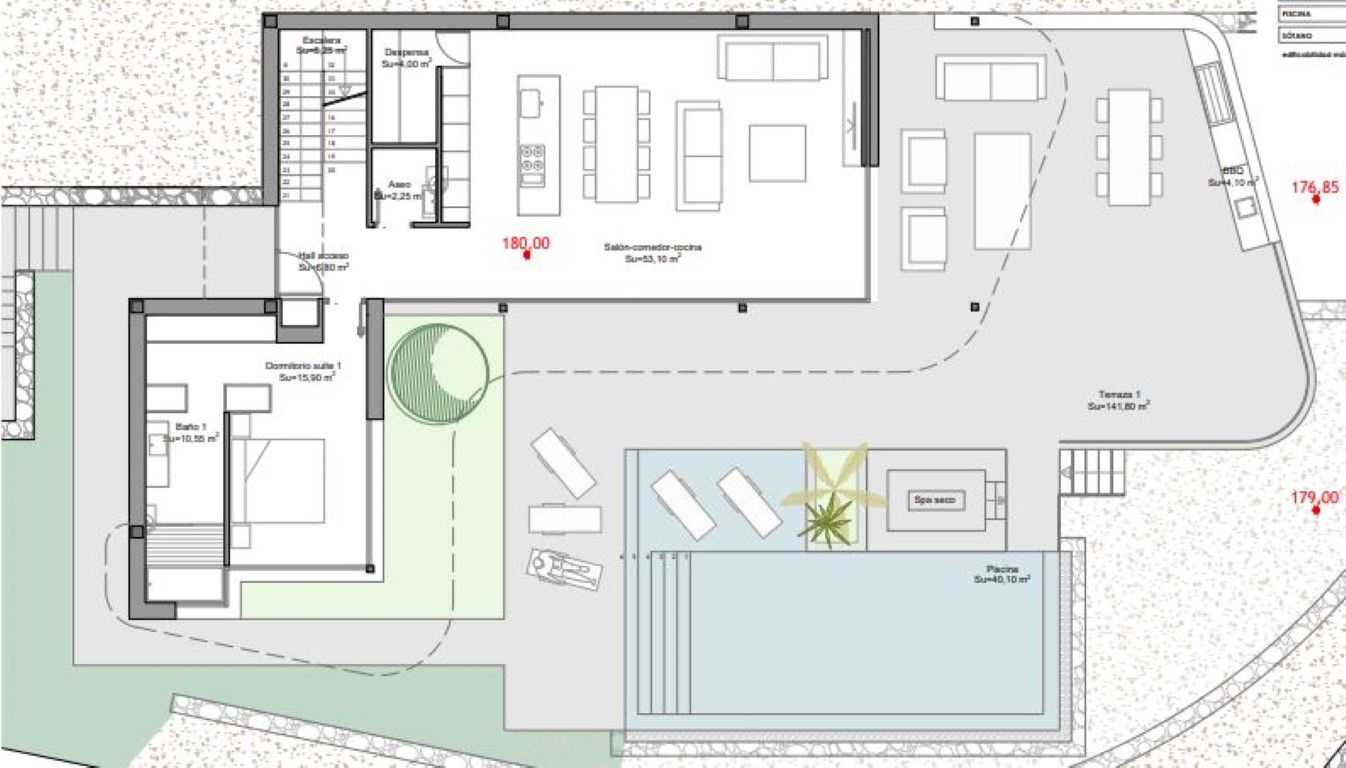 Plano técnico de la planta baja que detalla la distribución del salón-comedor-cocina de 53 m², el dormitorio principal y la amplia terraza de 141 m² con piscina infinita.