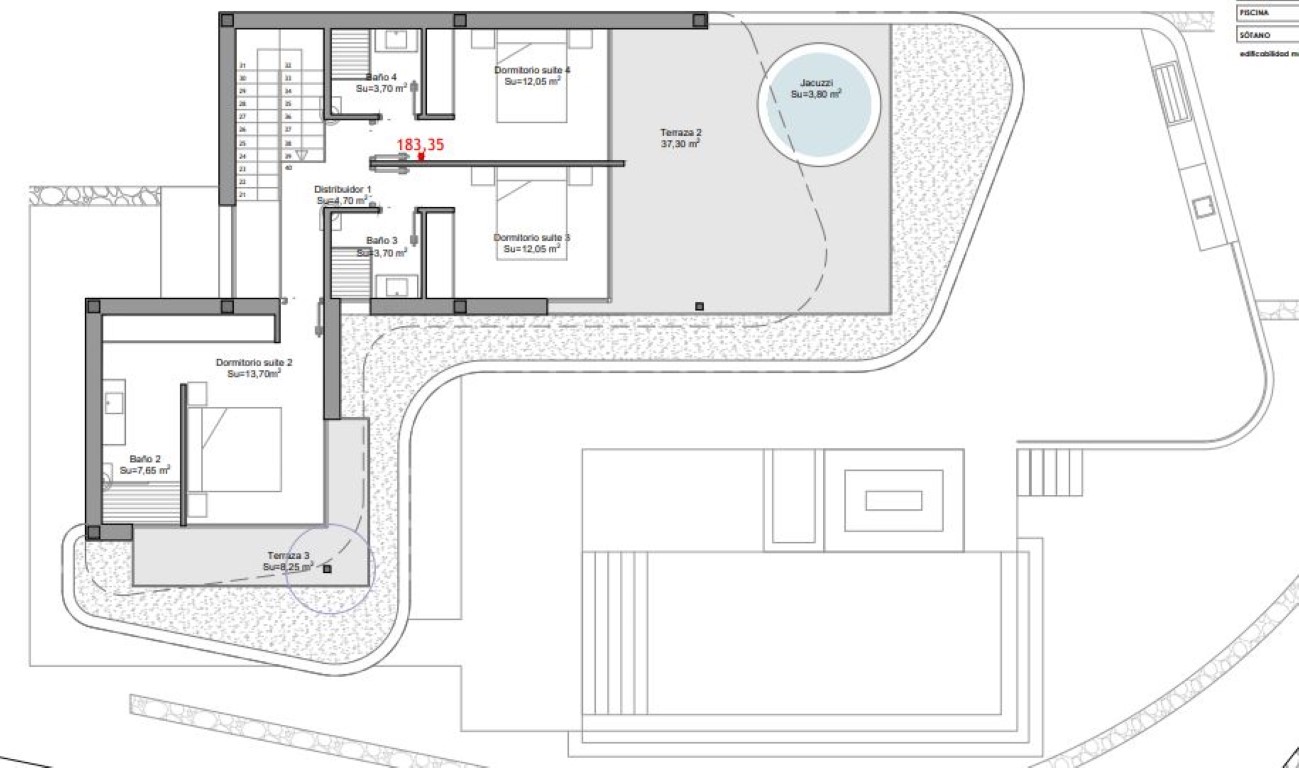Plano técnico de la planta superior que detalla tres dormitorios con baños en suite y una extensa terraza con jacuzzi circular.