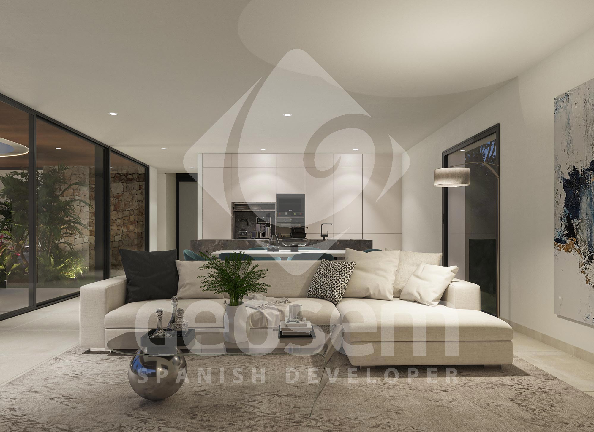 Salón de concepto abierto con sofá modular crema y mesa de cristal. Al fondo, cocina integrada con isla de piedra oscura y grandes ventanales hacia el exterior.