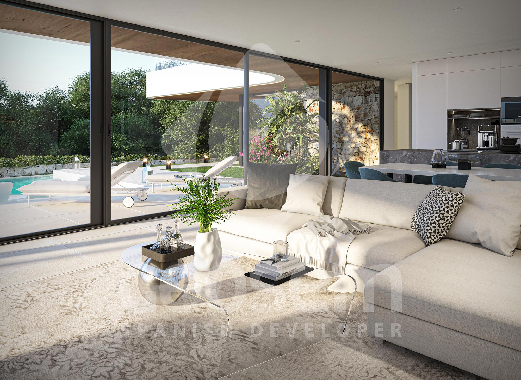 Salón de concepto abierto con sofá modular, mesa de cristal y grandes ventanales que conectan con la terraza, la piscina infinita y el jardín mediterráneo.