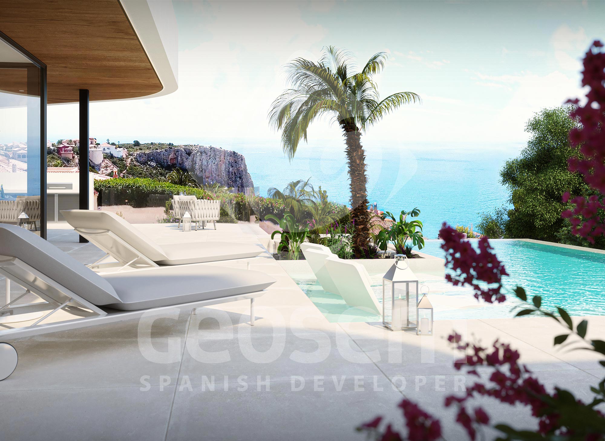 Terraza con piscina infinita, tumbonas blancas y vistas panorámicas al mar Mediterráneo y los acantilados de la zona.