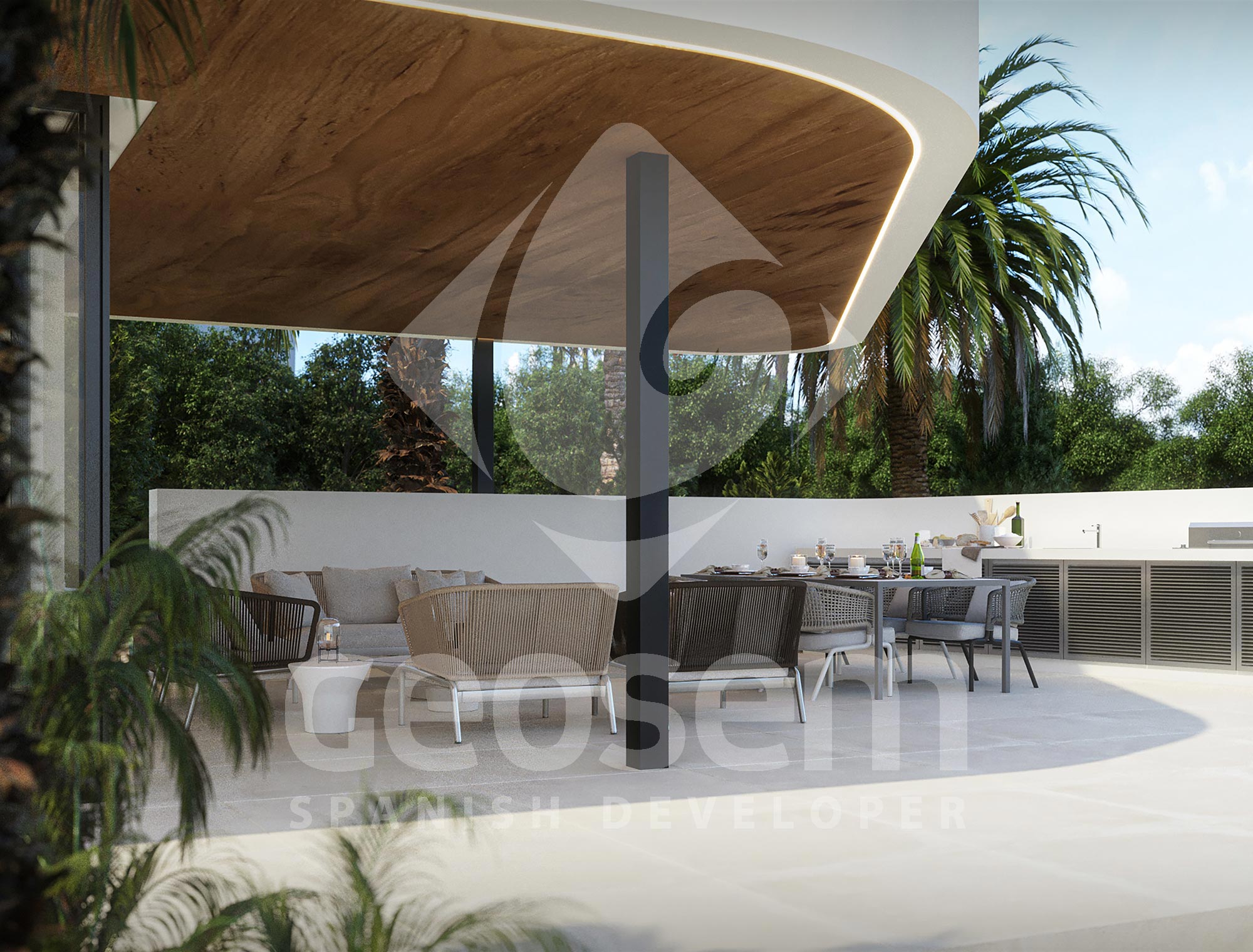 Terraza cubierta con techo de madera e iluminación LED integrada, que incluye un salón exterior y zona de comedor junto a la cocina de verano.