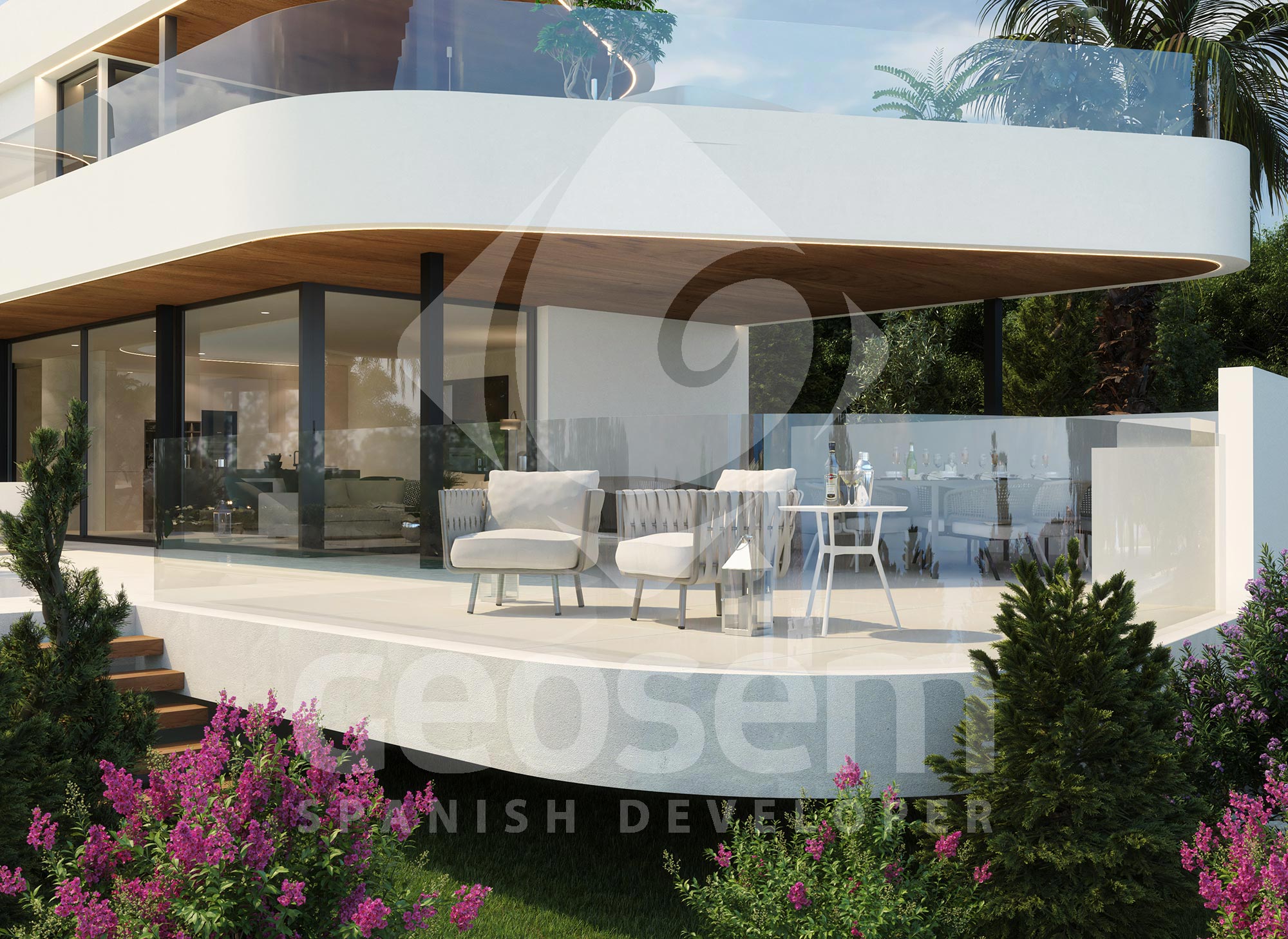 Terraza exterior de diseño curvo con barandillas de cristal, techo revestido en madera e iluminación LED integrada. Mobiliario de salón rodeado de vegetación mediterránea.