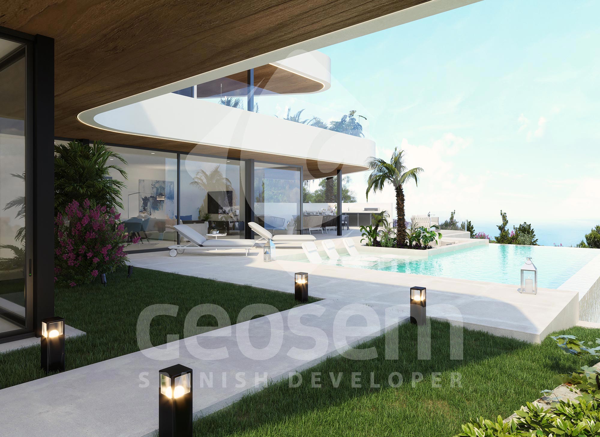 Terraza principal con piscina infinita, zona de hamacas y jardín. Destacan los techos con acabado en madera, la iluminación de diseño y las vistas al mar Mediterráneo.