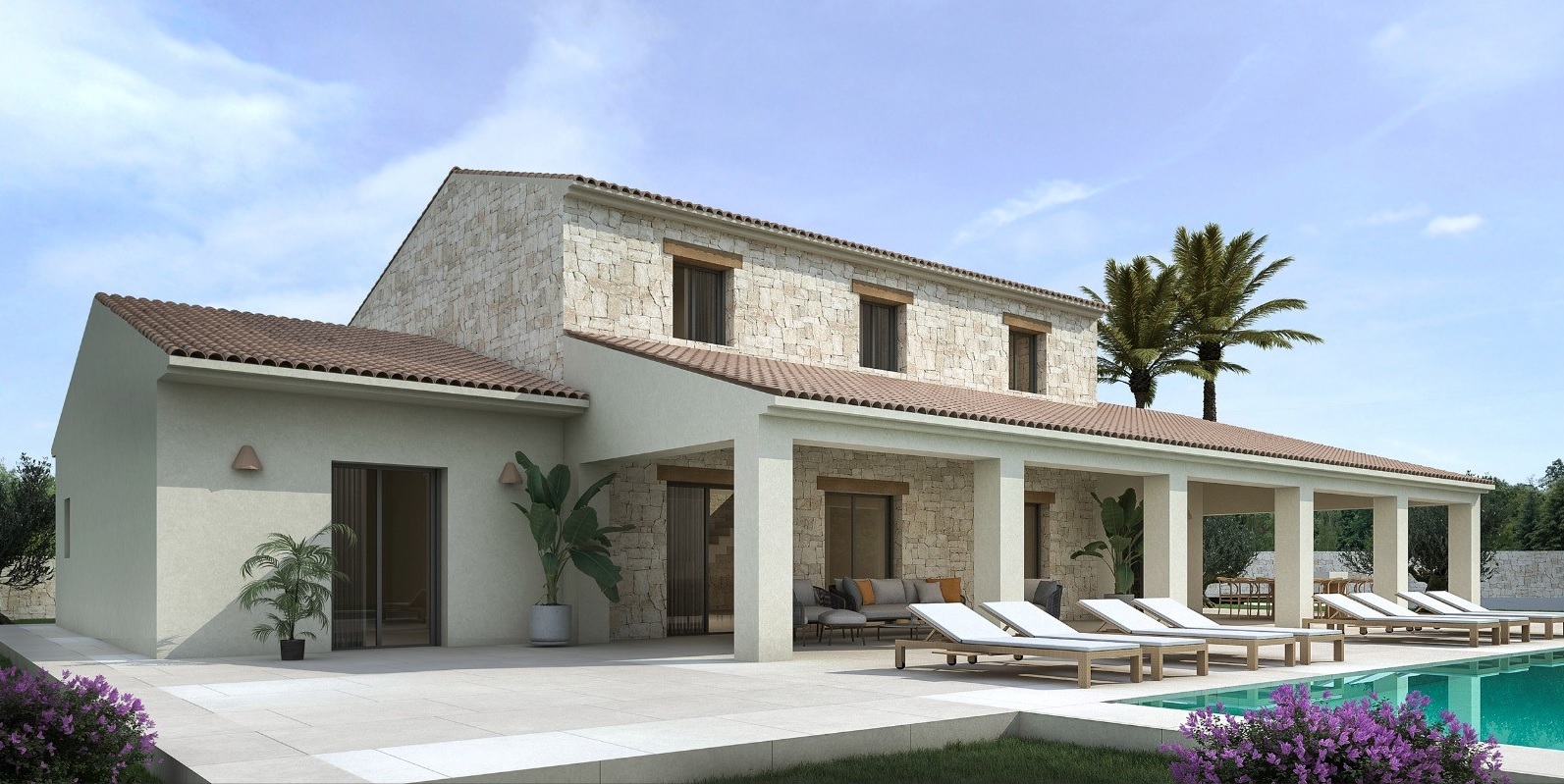 Fachada de estilo finca con muros de piedra natural, gran porche cubierto y zona de solárium con tumbonas junto a la piscina.
