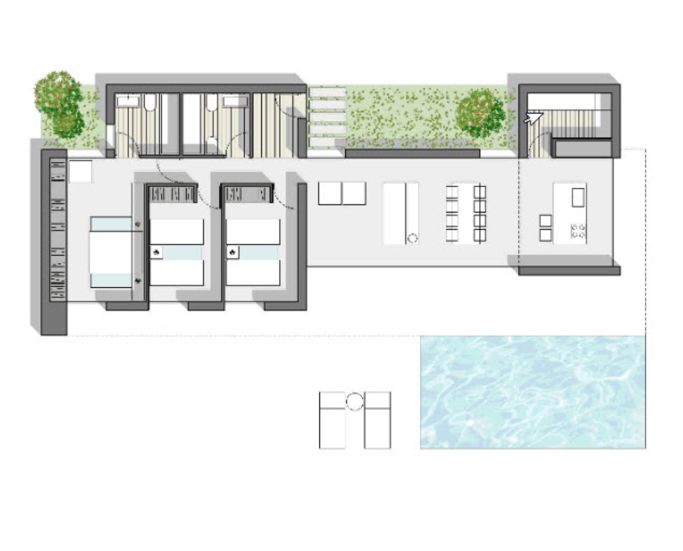 Plano detallado de la distribución en una planta, mostrando tres dormitorios, zona de estar de concepto abierto, cocina integrada y terraza exterior con piscina privada.