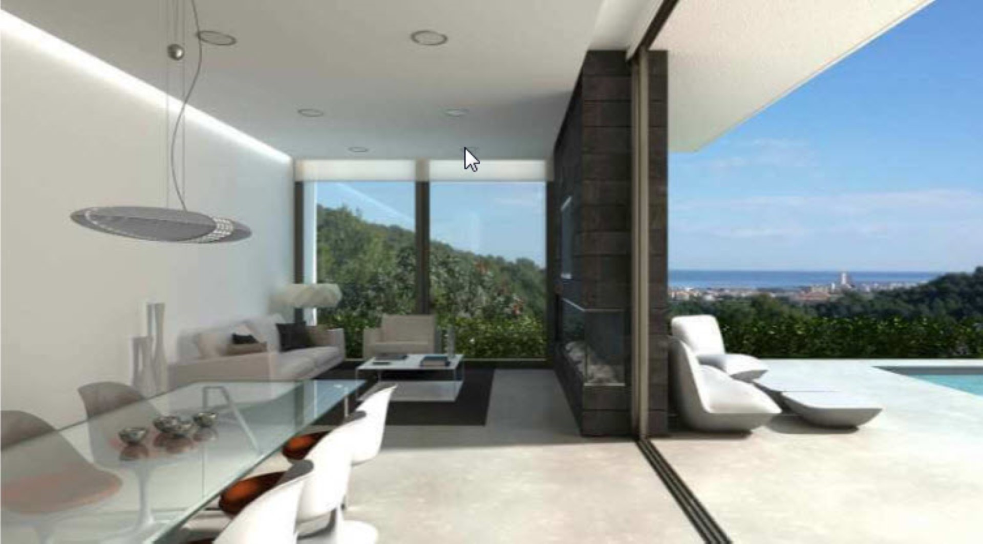 Salón-comedor diáfano con grandes ventanales, chimenea de piedra oscura y acceso directo a la terraza con vistas panorámicas al mar y piscina.