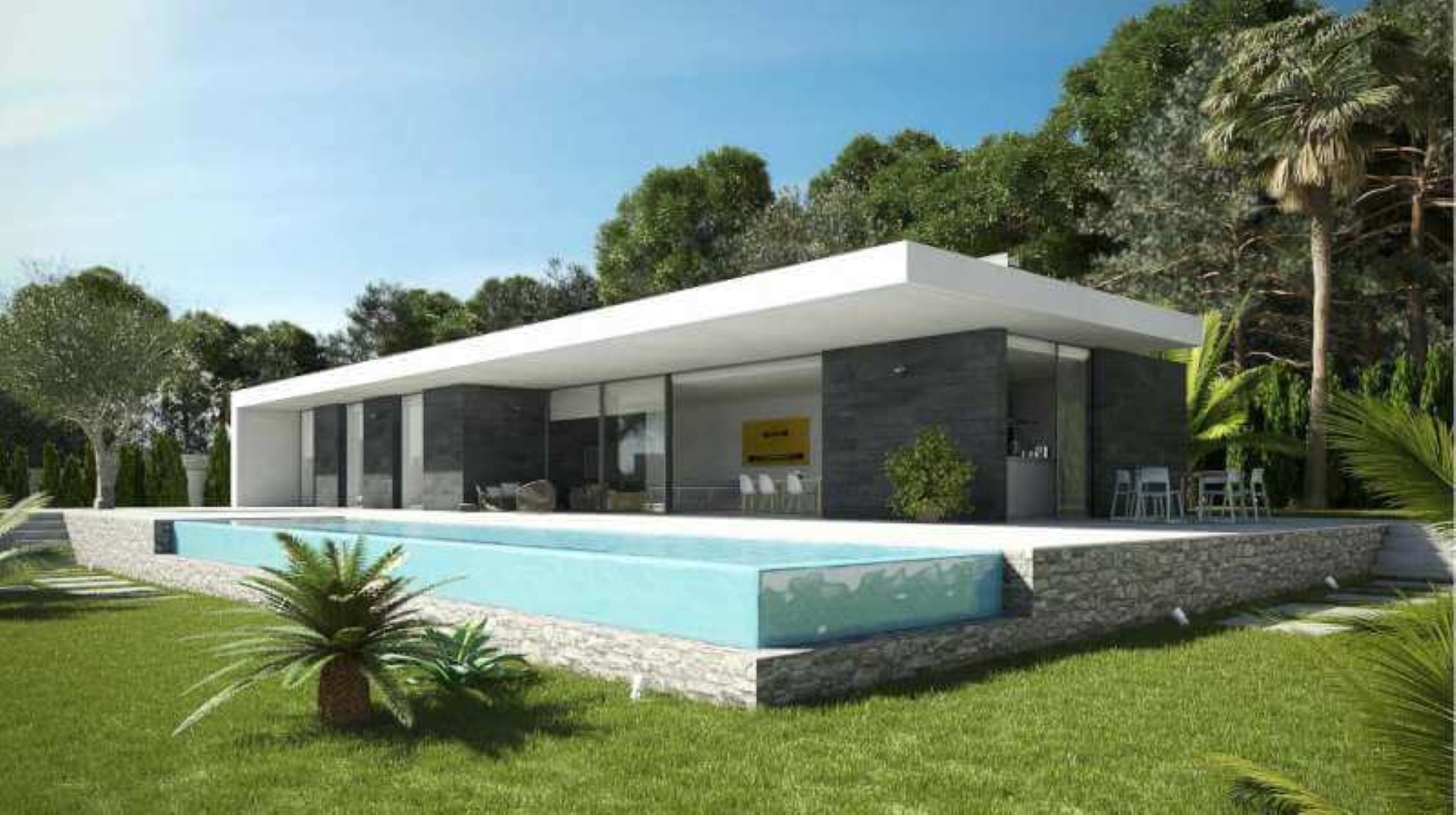 Villa moderna de una planta con piscina infinita de borde acristalado, fachada de piedra oscura y amplios ventanales integrados en un jardín mediterráneo.