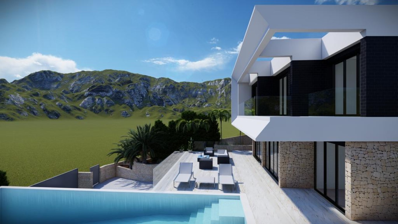 Exterior de villa moderna con piscina infinita, terraza de piedra natural y vistas a la montaña. Destaca su arquitectura geométrica en blanco y negro con amplios ventanales.