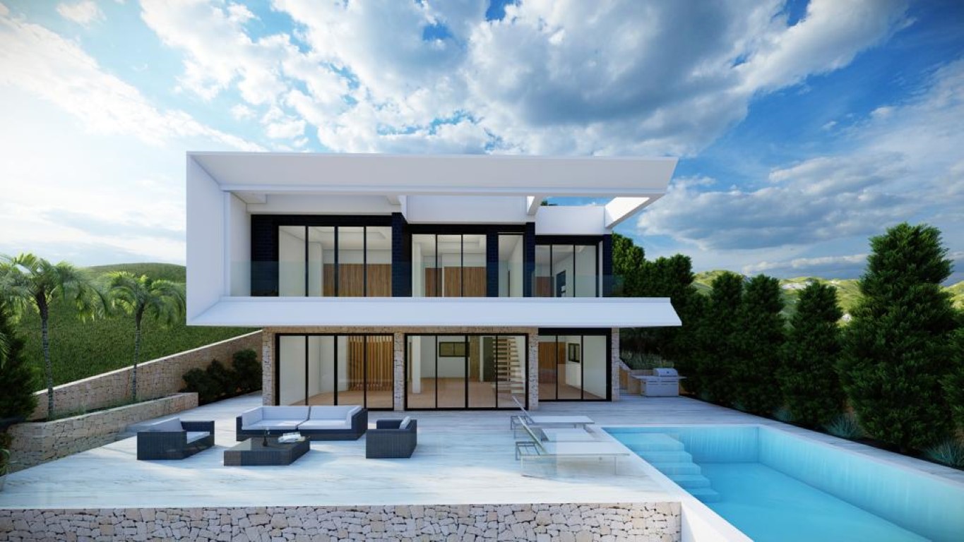 Fachada moderna de dos niveles con amplios ventanales, terraza de piedra natural, piscina infinita y zona de estar exterior rodeada de muros de mampostería y vegetación.