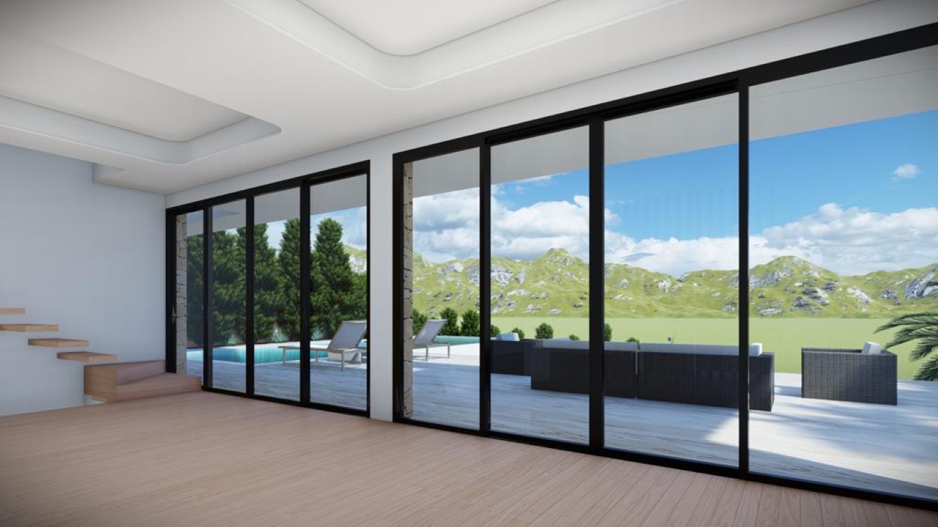 Salón diáfano con suelos de madera clara, techos con molduras integradas y amplios ventanales de suelo a techo que conectan con la terraza y la piscina.