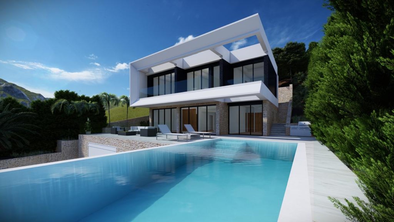 Villa de diseño moderno con piscina infinita de 60 m², fachada de piedra natural y una estructura superior geométrica en blanco con amplios ventanales y barandillas de cristal.