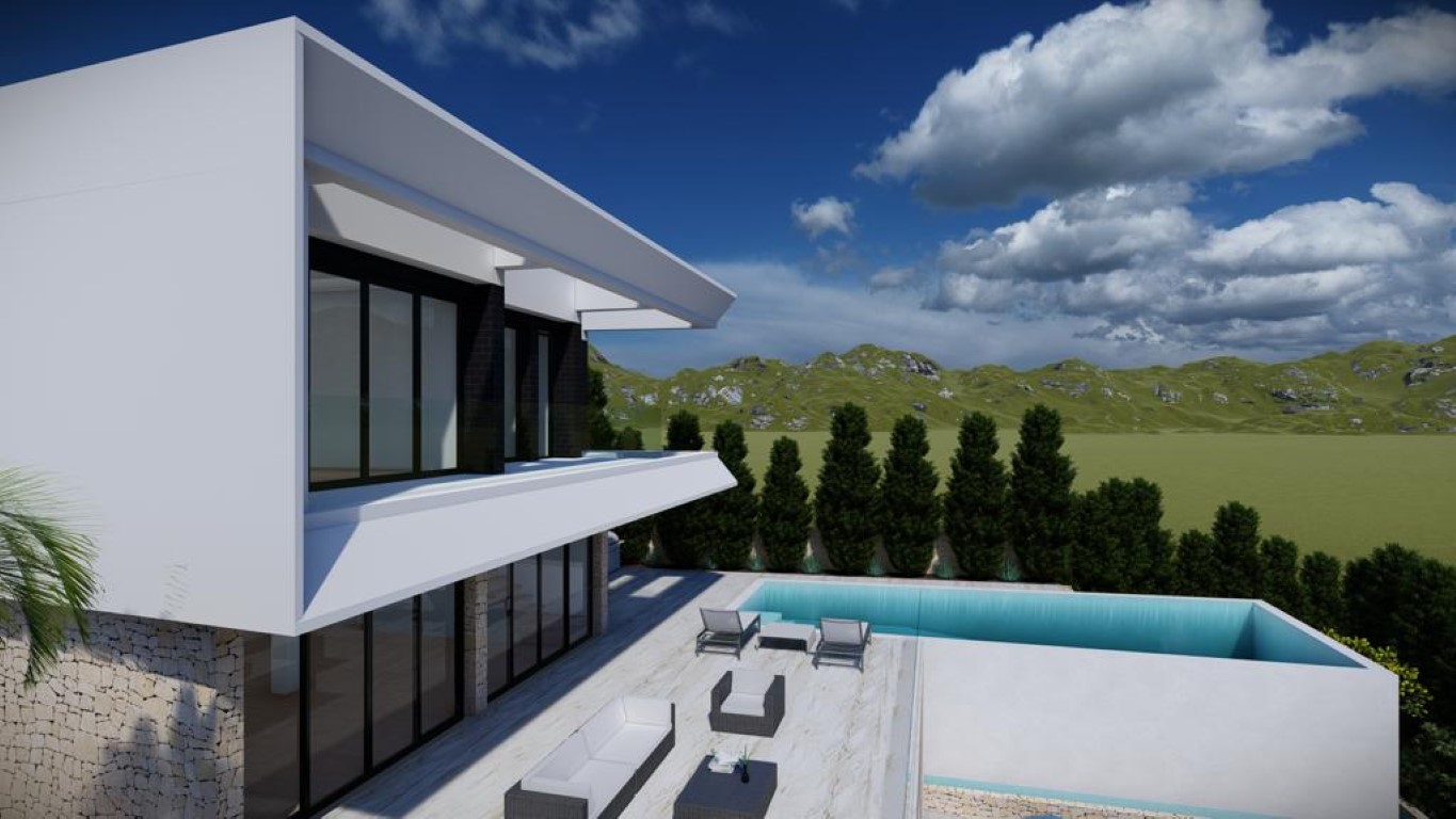 Vista exterior de la villa con piscina infinita, terraza equipada con mobiliario de diseño y fachada blanca minimalista con detalles en piedra natural.