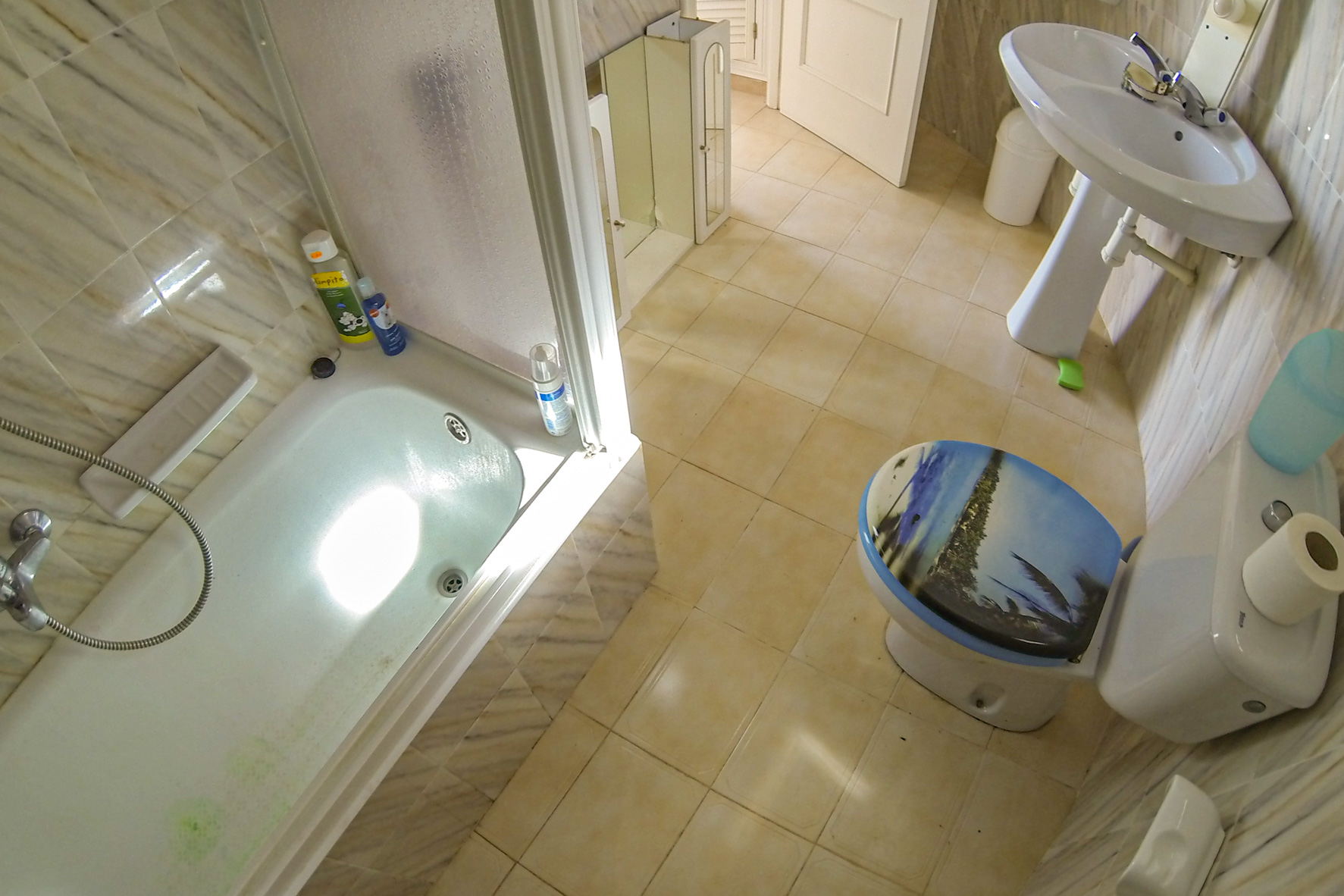 Cuarto de baño con bañera, lavabo de pedestal y inodoro con tapa decorada.