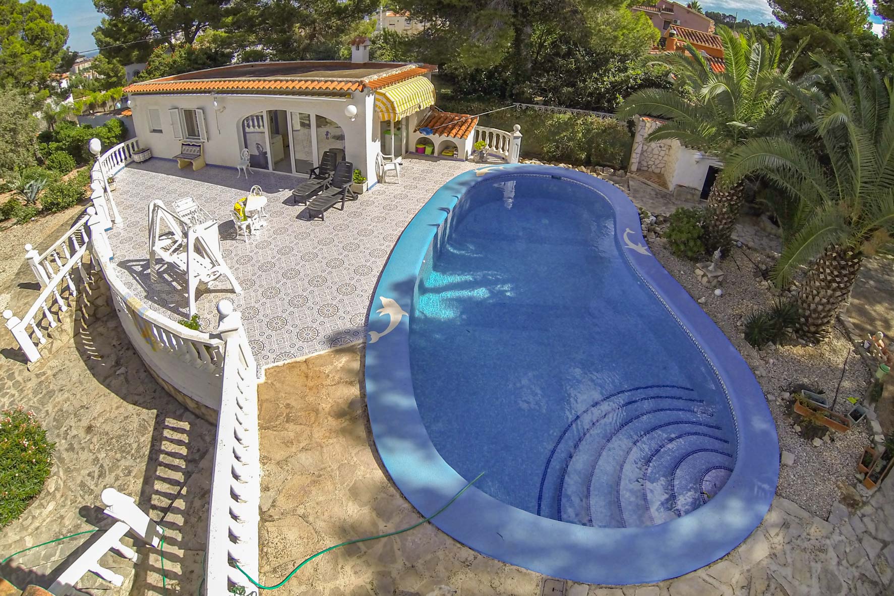 Vista elevada de la piscina azul con diseño de delfines, rodeada de terrazas y jardines bien cuidados.