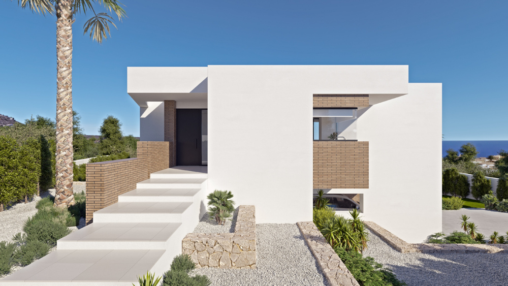 Entrada principal de diseño minimalista con escalinata de gres, detalles de ladrillo visto y muros de piedra natural integrados en el jardín de grava.
