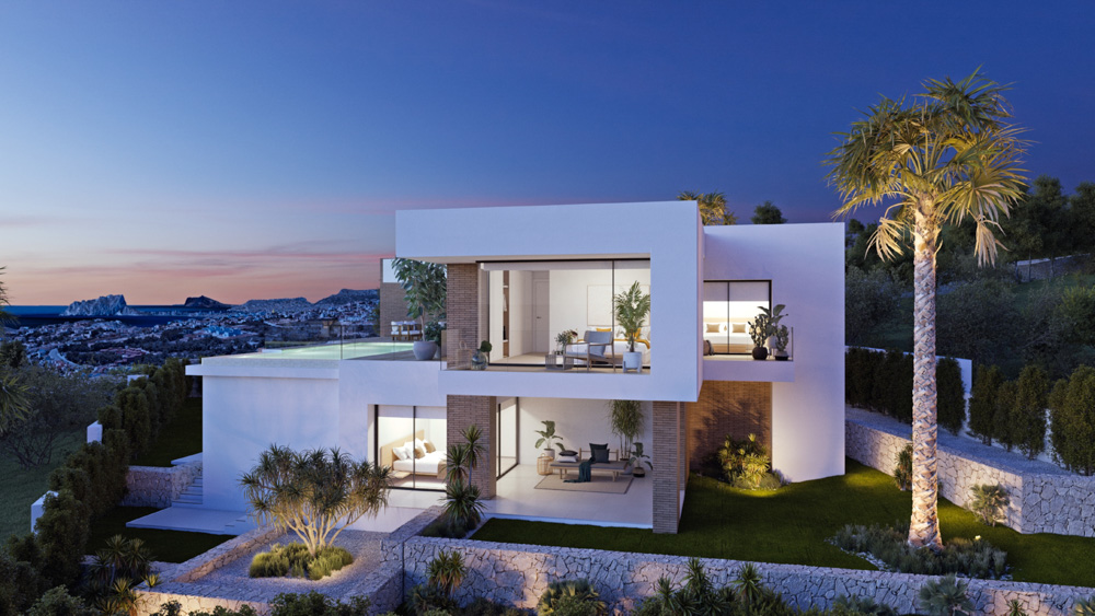 Exterior de la villa moderna al atardecer con fachada blanca, detalles en ladrillo, piscina infinita y jardines iluminados con vistas panorámicas a la costa.