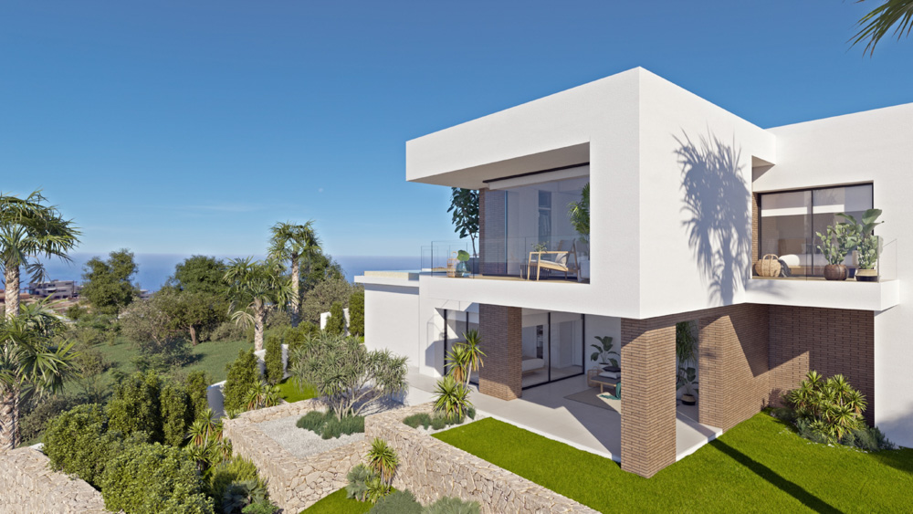 Fachada moderna de color blanco con pilares de ladrillo, terrazas con barandillas de cristal y un jardín paisajístico con muros de piedra natural y vistas al mar.