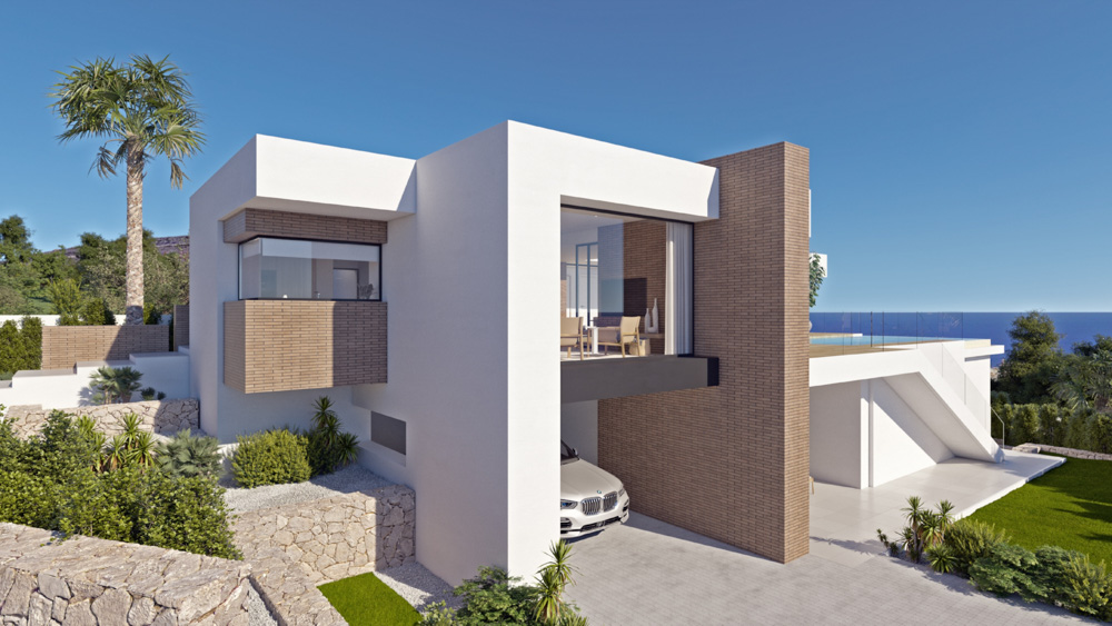 Fachada moderna de líneas rectas con acabados en ladrillo visto y yeso blanco, garaje integrado y terraza superior con vistas al mar y piscina infinita.