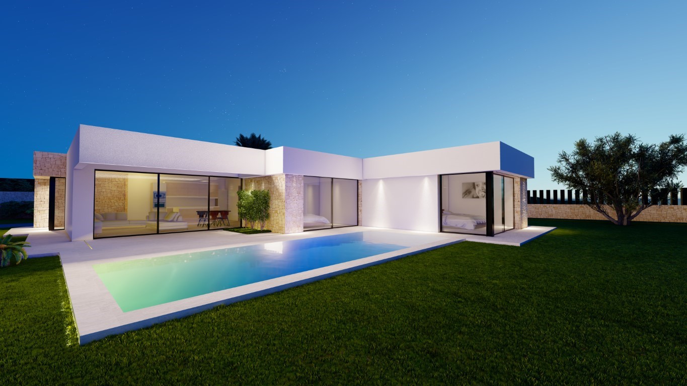 Exterior nocturno de la villa con piscina rectangular, fachada blanca y detalles en piedra natural. Amplios ventanales conectan el salón y dormitorios con el jardín.