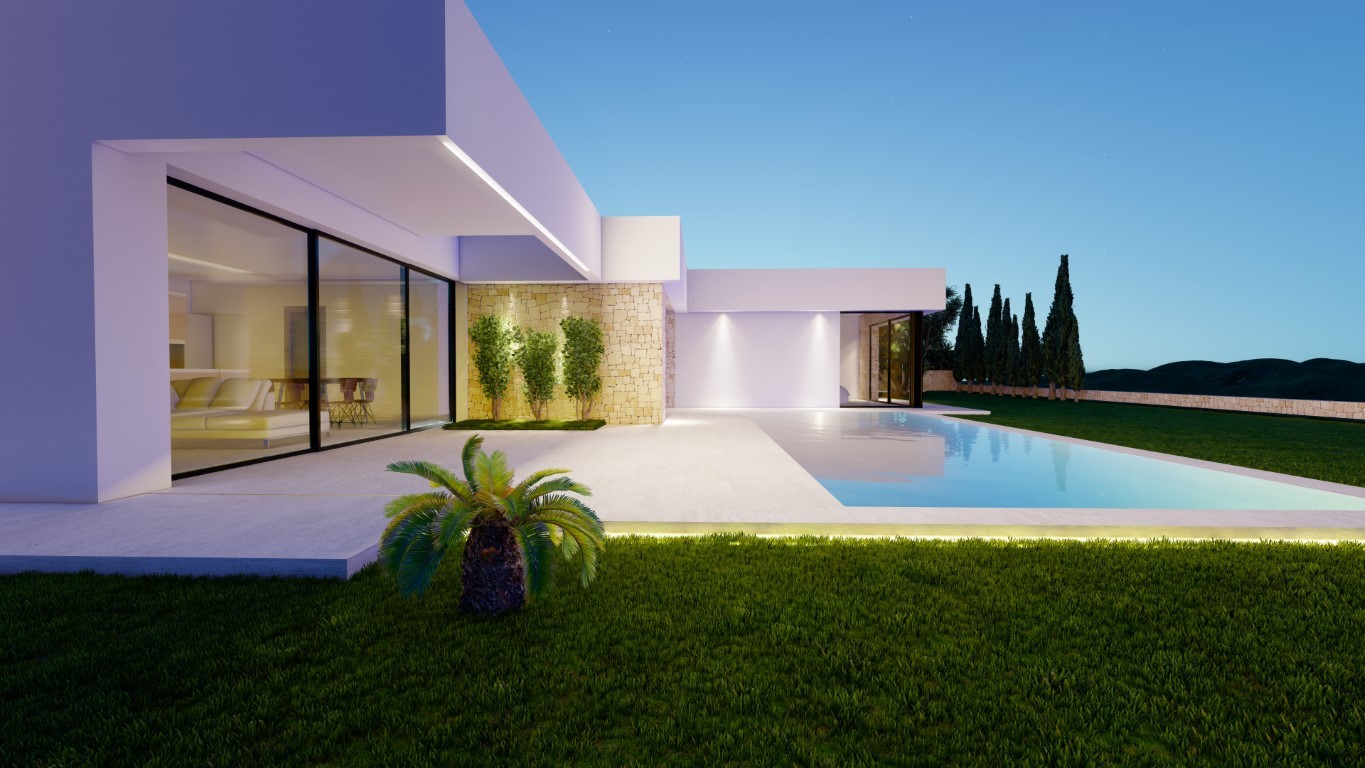 Exterior nocturno de la villa con piscina rectangular, terraza de baldosas claras e iluminación LED integrada. Destacan el muro de piedra natural y los amplios ventanales.