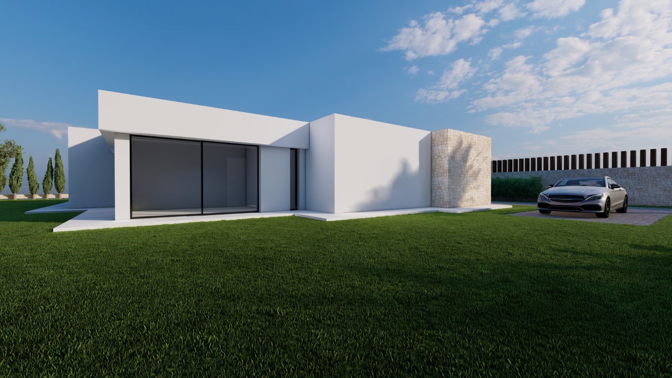 Fachada minimalista de la villa con grandes ventanales, muro de piedra natural y zona de aparcamiento privada sobre un amplio jardín de césped.