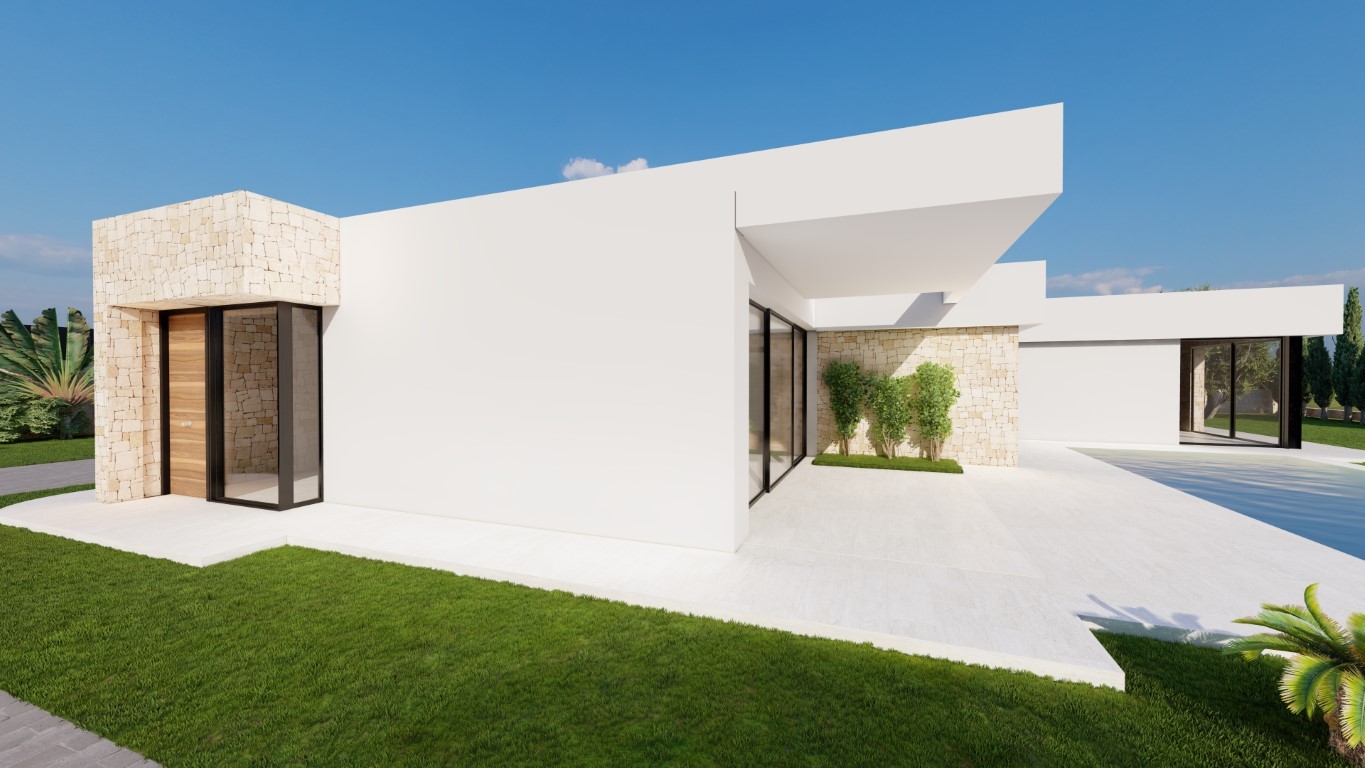 Fachada minimalista de obra nueva con muros blancos, detalles de piedra natural, puerta de madera y una amplia terraza que conecta con la zona de la piscina.