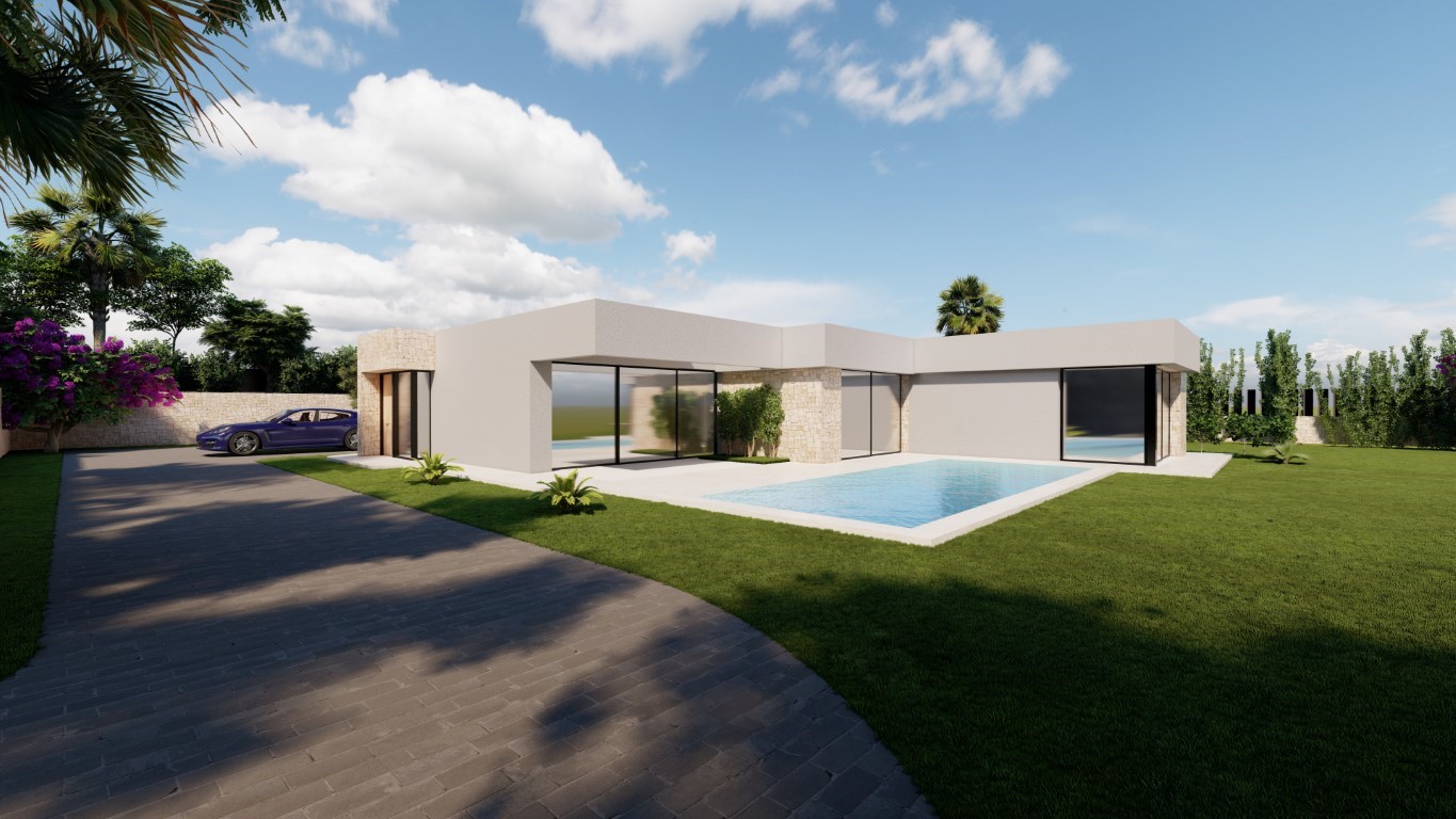 Vista exterior de la villa moderna con fachada de piedra natural, piscina rectangular y amplios ventanales que conectan con el jardín y la zona de aparcamiento.
