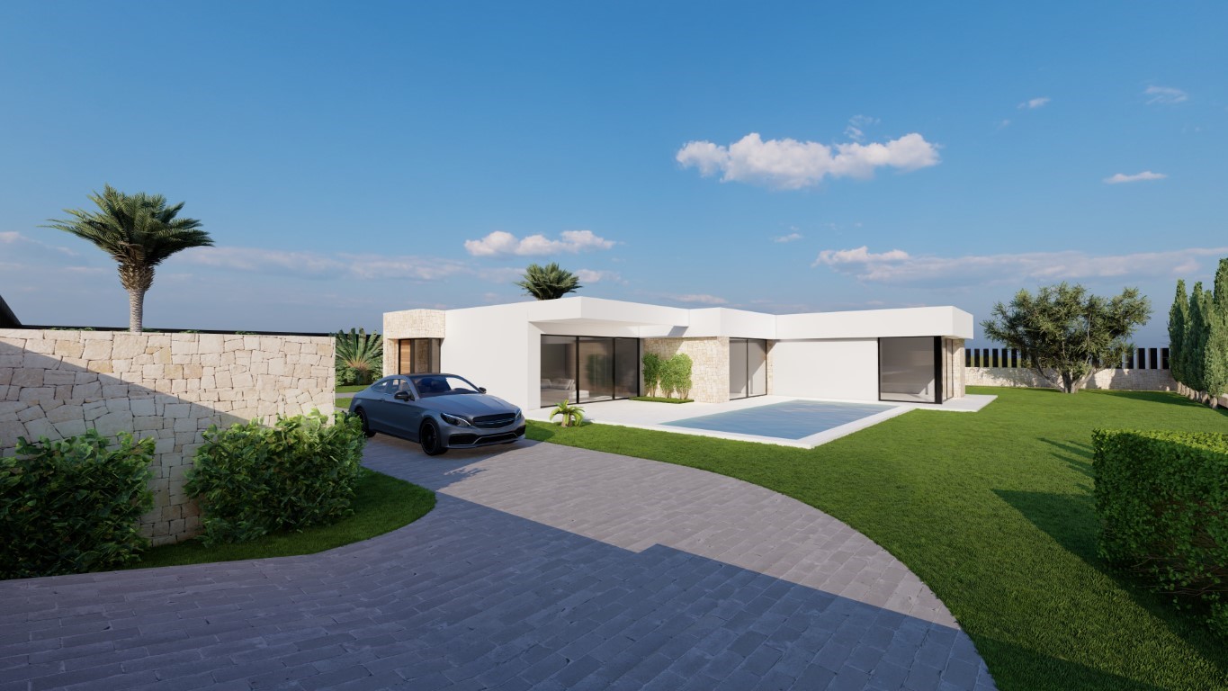 Vista exterior de la villa moderna de una planta con fachada blanca, detalles en piedra natural, piscina privada y acceso pavimentado rodeado de zonas verdes.
