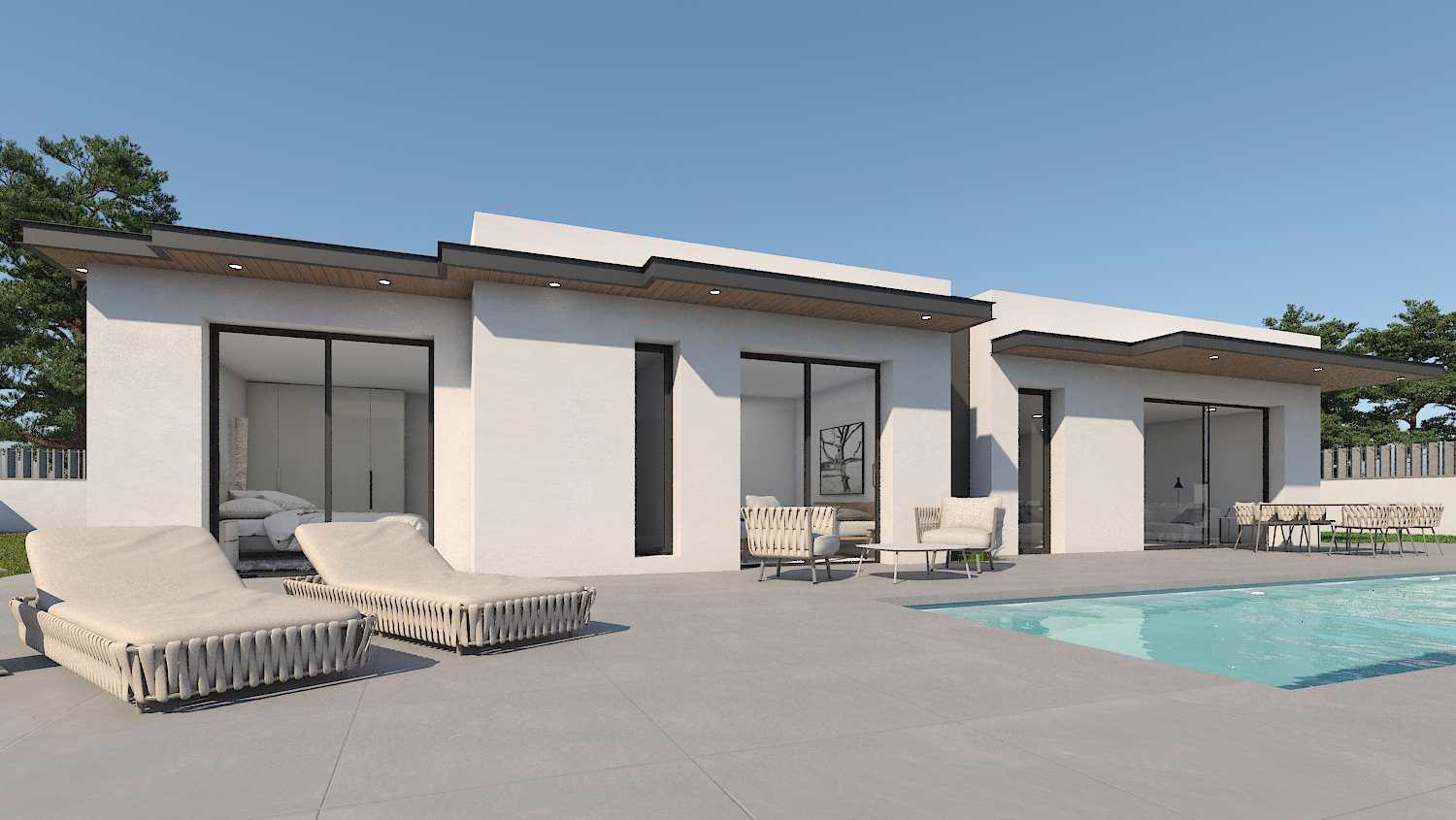 Fachada moderna de una planta con grandes ventanales, terraza de gres porcelánico gris y piscina integrada. Incluye iluminación empotrada en los voladizos del techo.