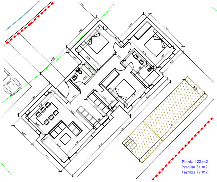 Plano técnico detallado de la vivienda de 122 m2, que muestra la distribución de tres dormitorios, zona social abierta y el área exterior con piscina de 10x3 metros.