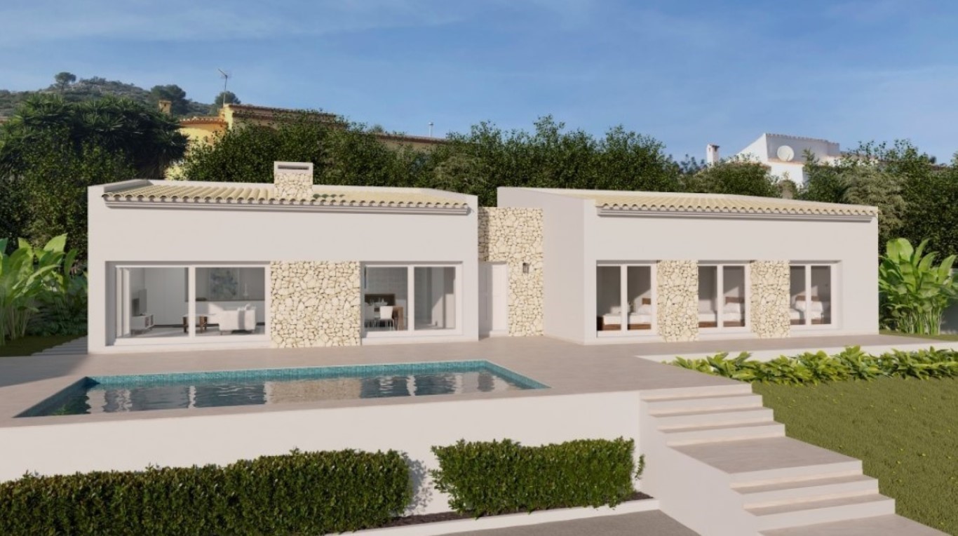 Fachada de chalet moderno con detalles de piedra natural, piscina rectangular y amplia terraza conectada mediante grandes ventanales al jardín mediterráneo.
