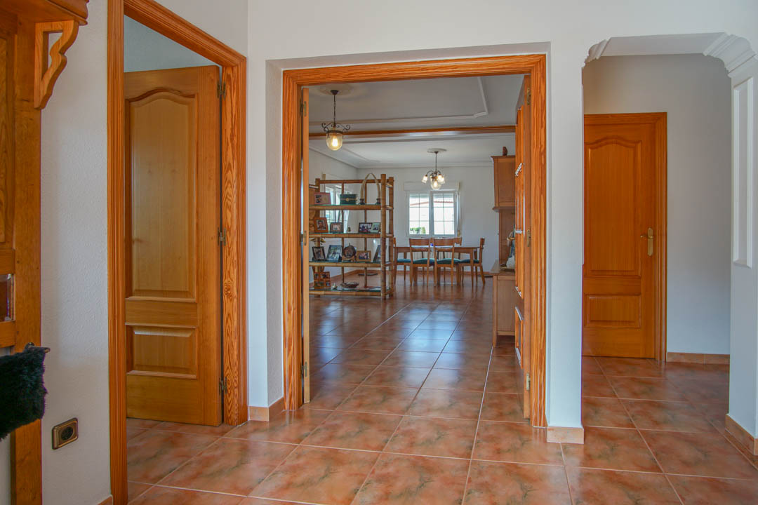 Pasillo con suelos de gres cerámico y carpintería de madera maciza que da paso a un amplio salón comedor con techos decorativos.