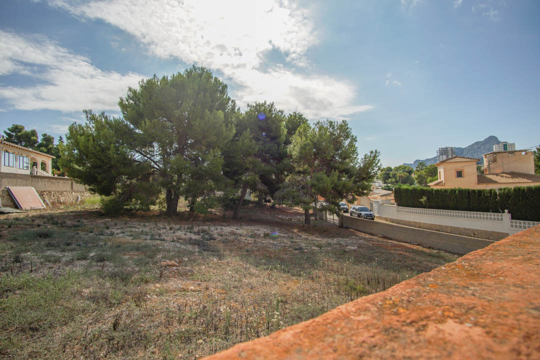 Vista de la zona exterior con pinos maduros y terreno natural, delimitada por muros de piedra y con vistas a las montañas circundantes bajo un cielo despejado.