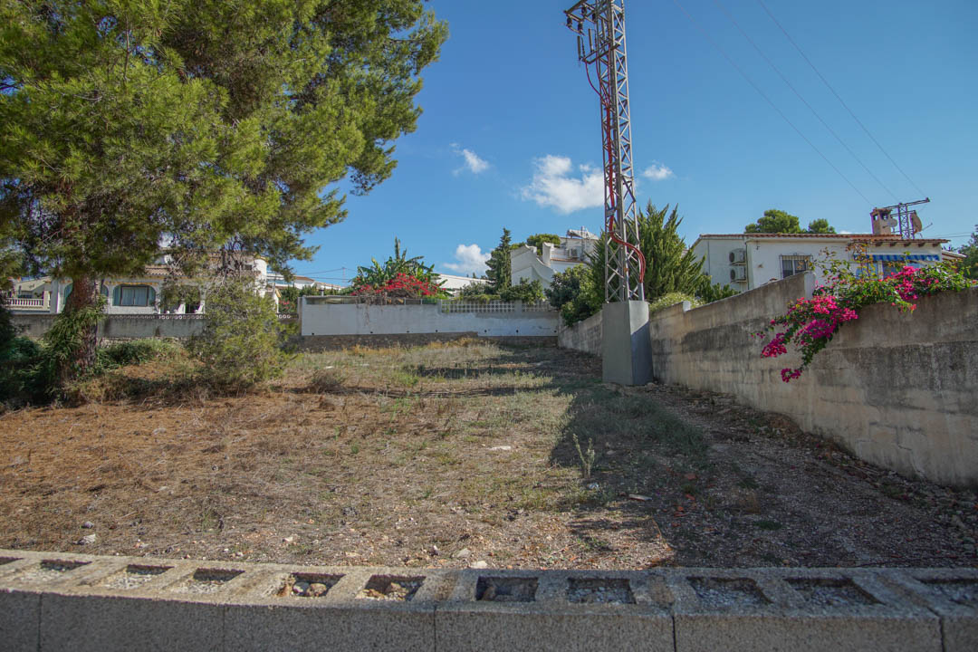 Zona exterior despejada con muros de hormigón, vegetación mediterránea y espacio para aparcamiento, situada en la parte delantera de la propiedad.