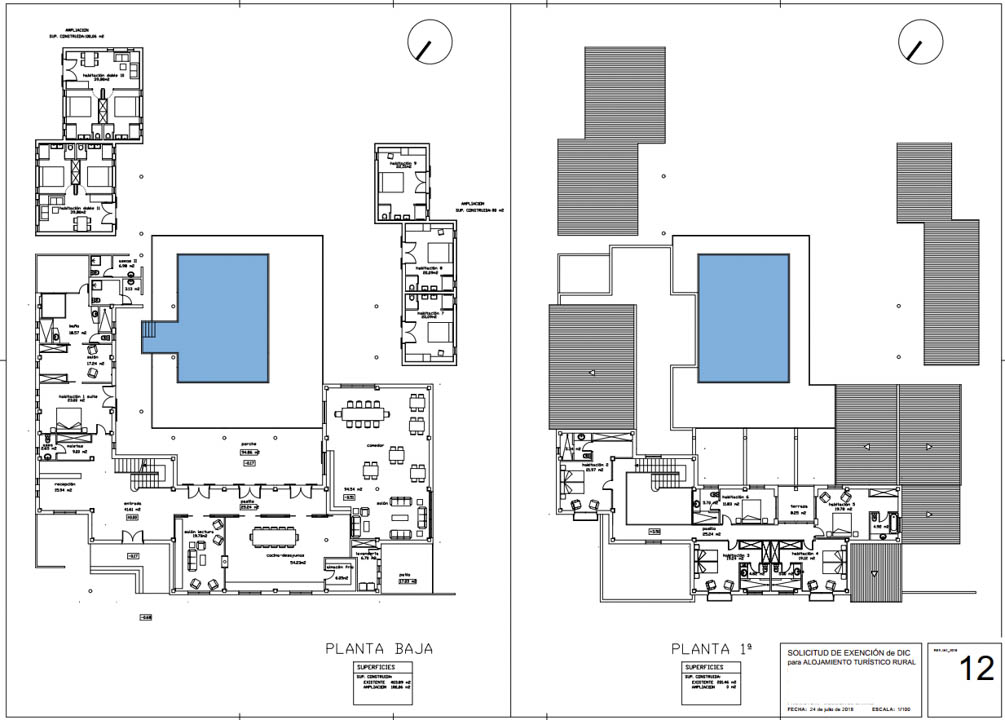 Planos arquitectónicos de la planta baja y primera planta, detallando la distribución de suites, zonas comunes y la piscina central para el proyecto de hotel rural.