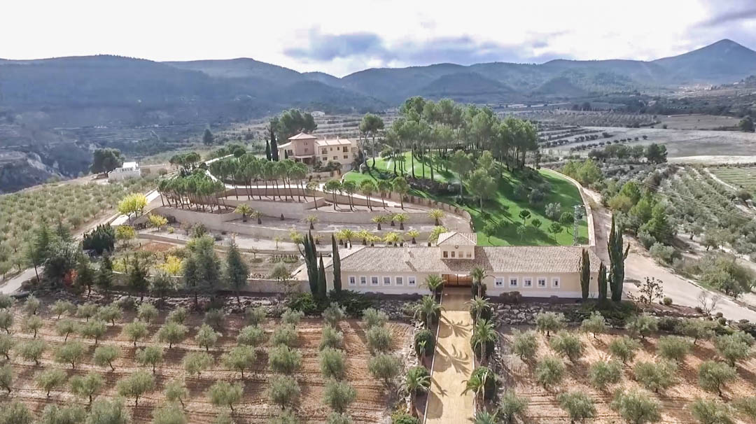 Vista aérea de la finca mostrando el acceso principal flanqueado por palmeras, las terrazas ajardinadas y la villa principal integrada en un entorno montañoso.