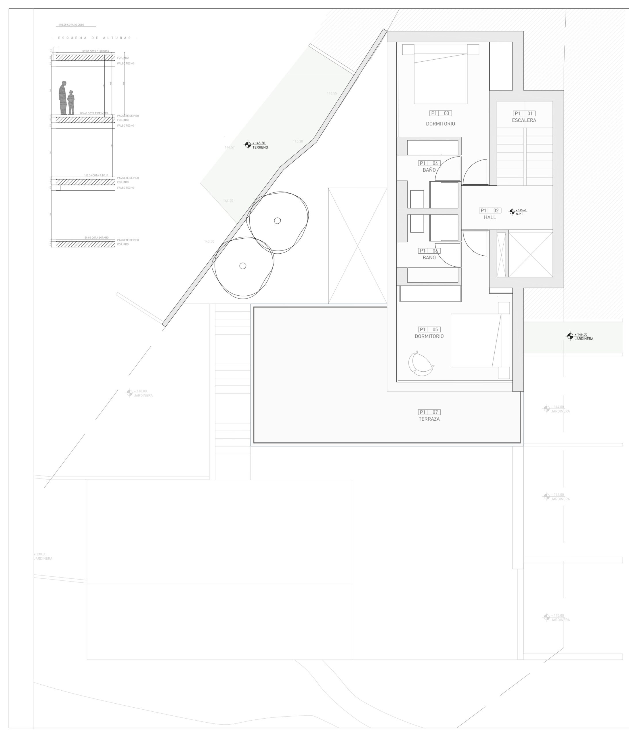 Plano arquitectónico detallado de la primera planta que muestra dos dormitorios con baños en suite, vestíbulo y una amplia terraza exterior.