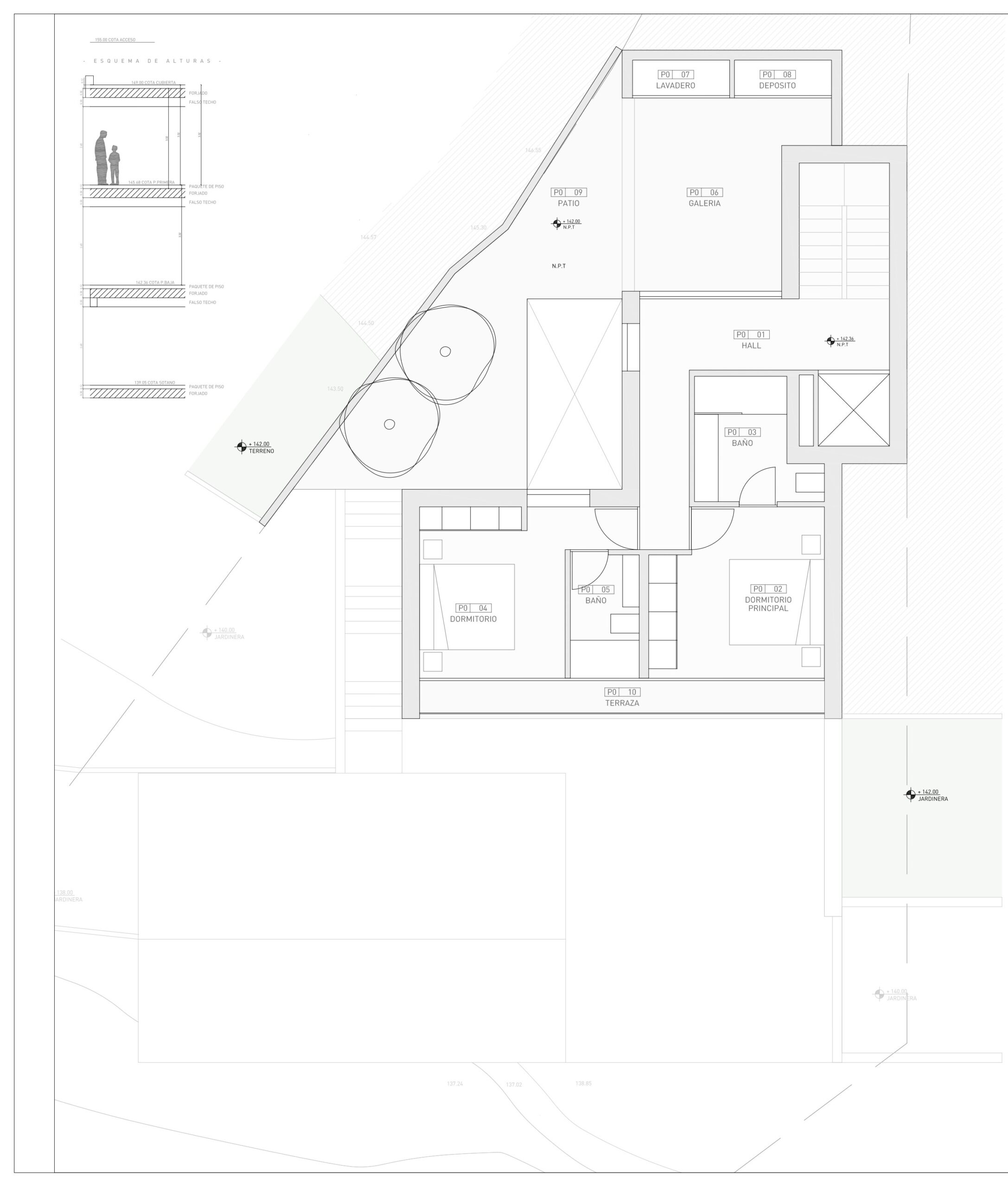 Plano técnico detallado de la planta que incluye el dormitorio principal, un segundo dormitorio con baños en-suite, lavadero y una amplia terraza exterior.