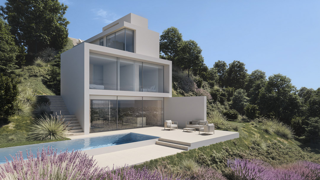 Vista exterior de la villa moderna con fachada blanca, ventanales de suelo a techo, piscina rectangular y terraza amueblada rodeada de vegetación mediterránea.