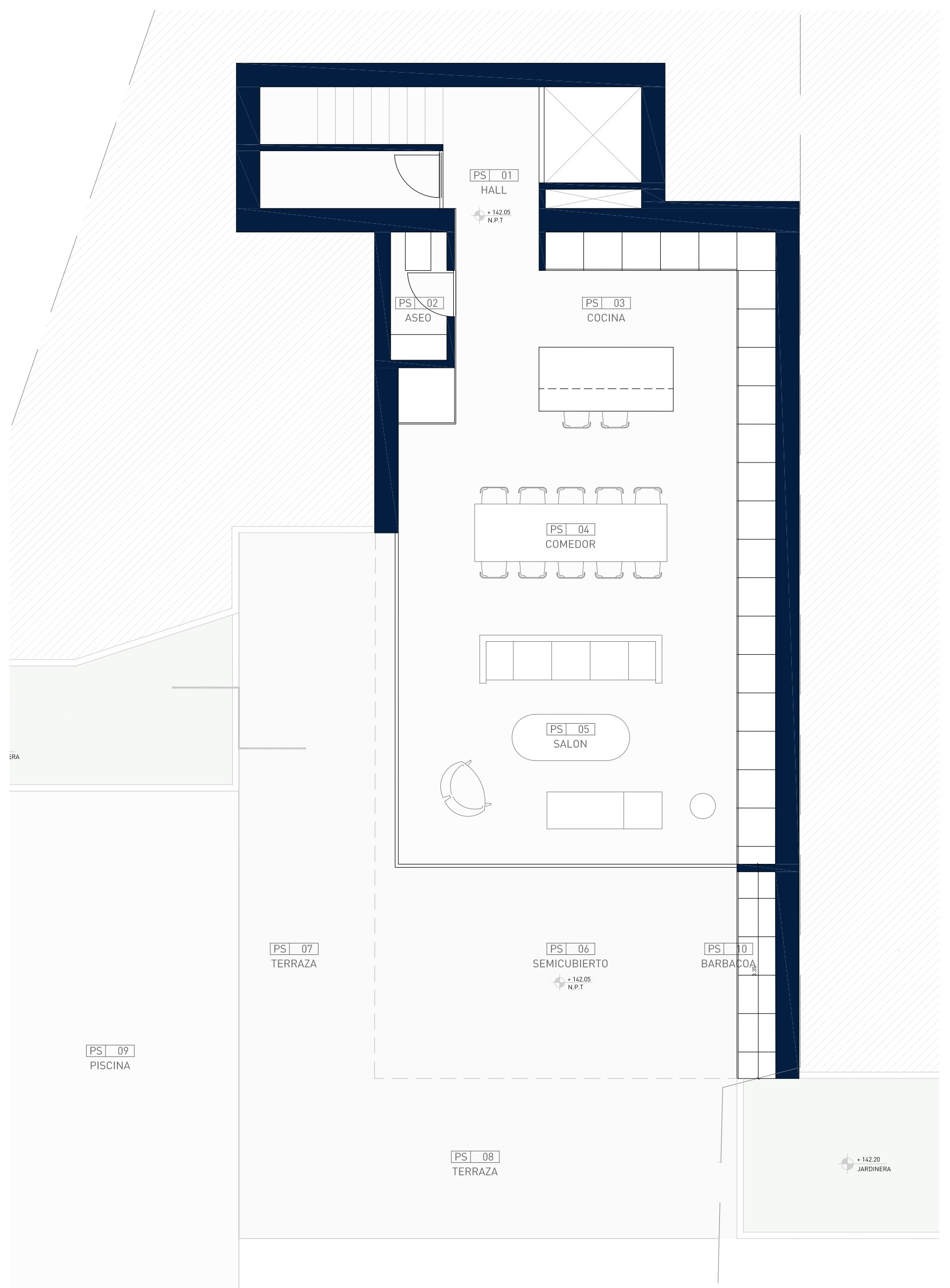 Plano detallado de la planta baja que muestra la distribución abierta del salón, comedor y cocina con isla, conectando directamente con la terraza, piscina y zona de barbacoa.