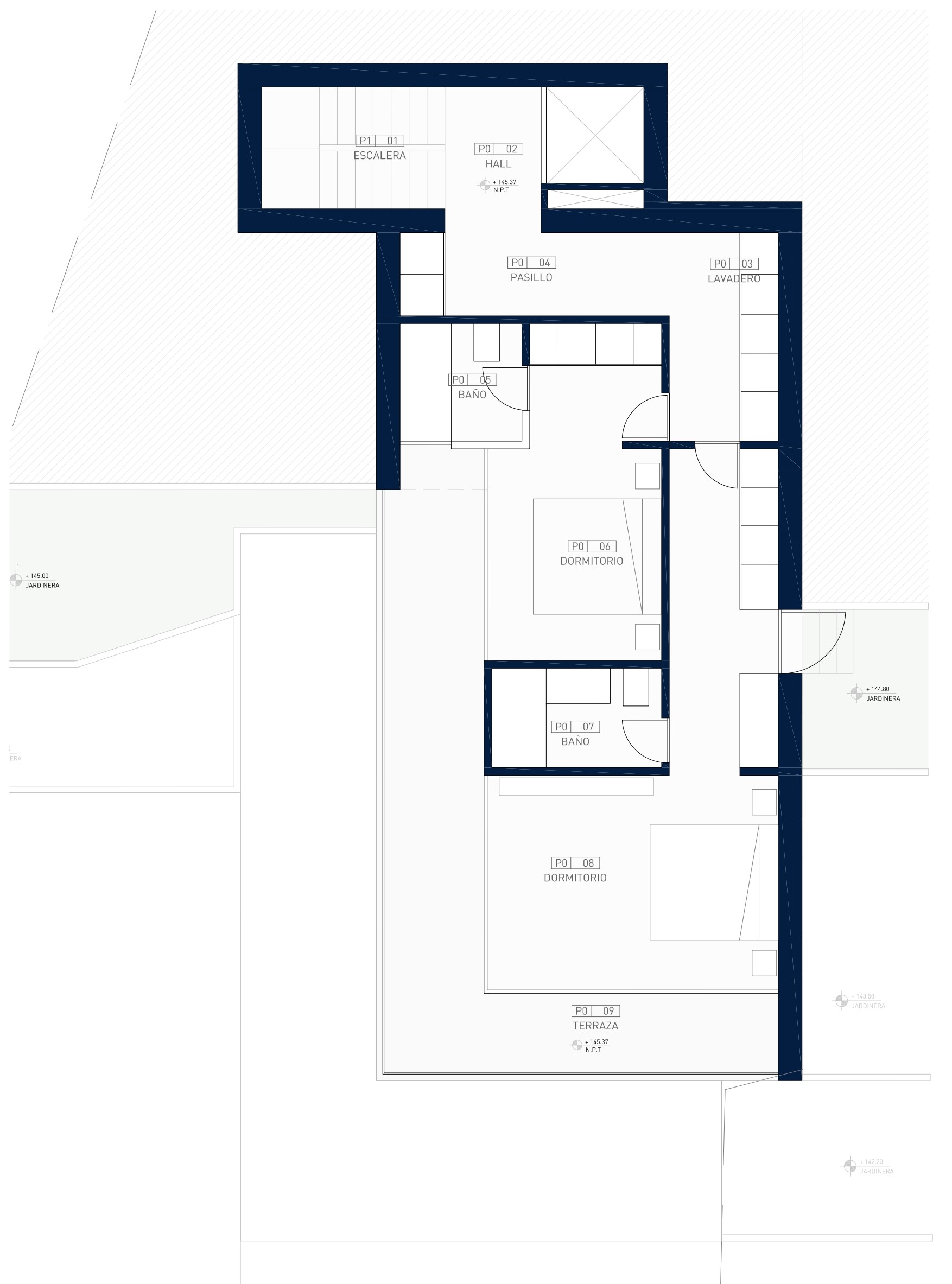 Plano detallado de la planta nivel P0 que incluye dos dormitorios con baños en suite, lavadero, pasillo distribuidor y una amplia terraza perimetral.
