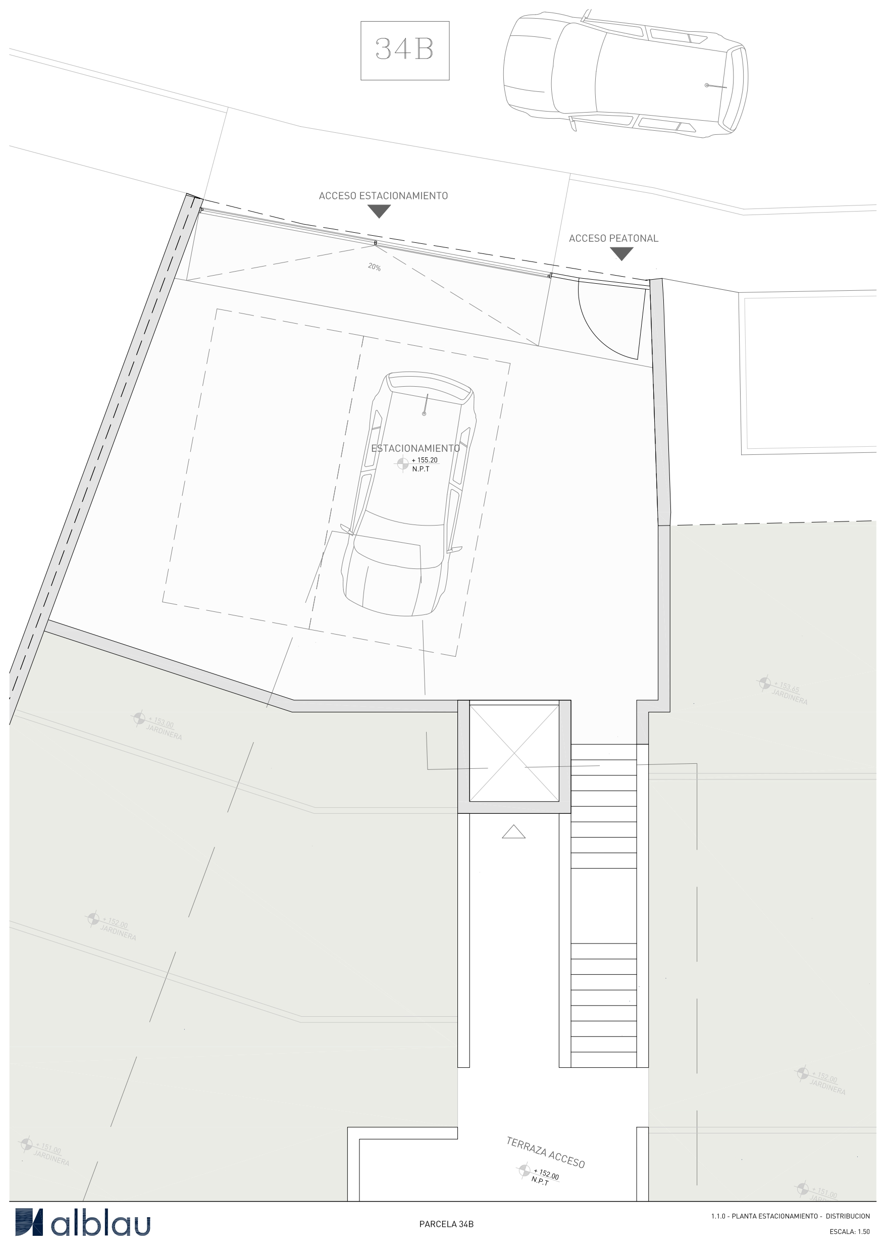 Plano técnico de la planta de aparcamiento que muestra el acceso para dos vehículos, la entrada peatonal y la conexión mediante escaleras y ascensor hacia la vivienda.