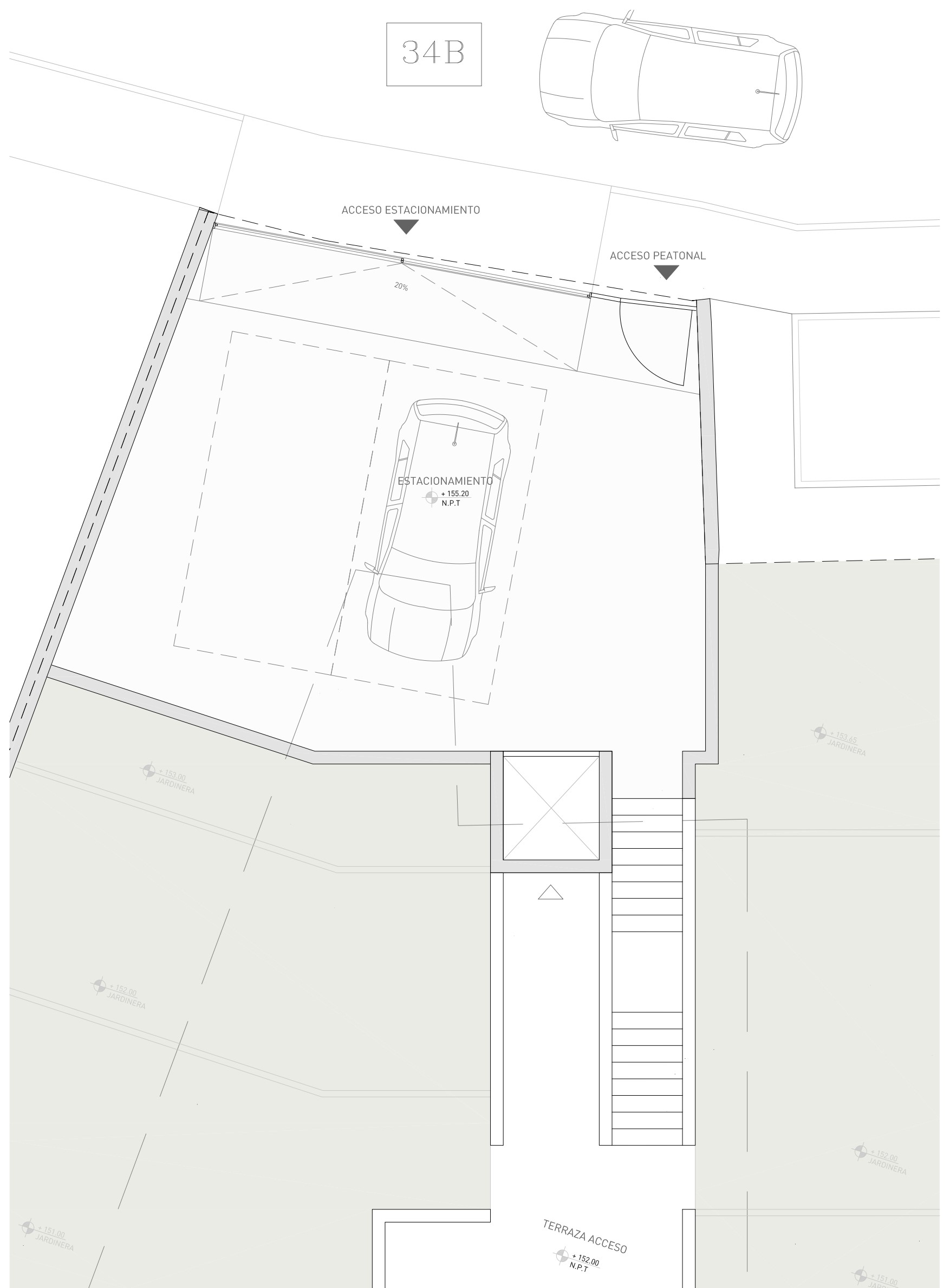 Plano técnico del nivel de calle que muestra el estacionamiento doble, los accesos peatonal y vehicular, y la conexión mediante escaleras y ascensor hacia la terraza.