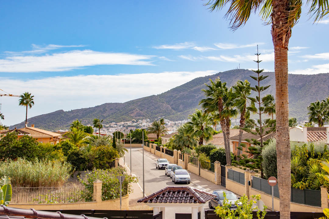 Vista despejada desde la planta superior hacia el entorno residencial, mostrando la calle arbolada con palmeras y el perfil de la montaña bajo el cielo azul.