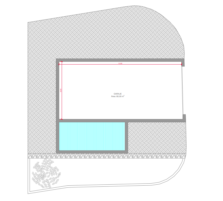Plano técnico del semisótano que detalla un amplio garaje de 80 m² con dimensiones de 13 por 6 metros, situado junto a la zona de la piscina.