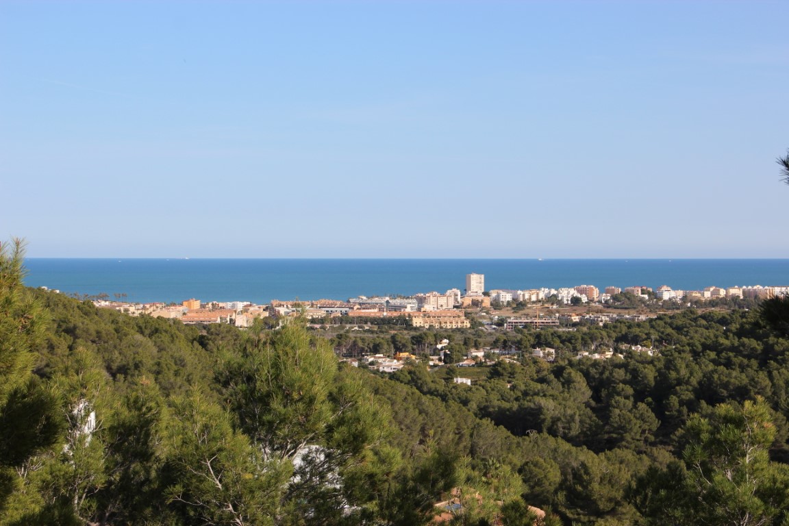 Vistas panorámicas al mar Mediterráneo y al núcleo urbano costero desde la elevación de las parcelas, rodeadas de vegetación autóctona de pinos bajo un cielo despejado.