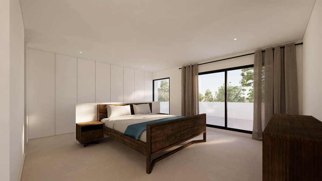 Dormitorio con armarios empotrados de suelo a techo, mobiliario de madera oscura y grandes ventanales con acceso directo a la terraza exterior.