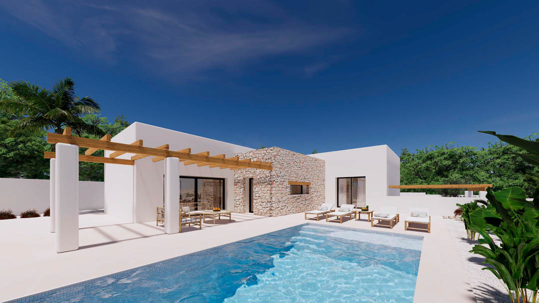 Exterior de villa con piscina privada, zona de solárium y pérgola de madera. Destaca la fachada que combina muros de piedra natural con acabados en blanco ibicenco.