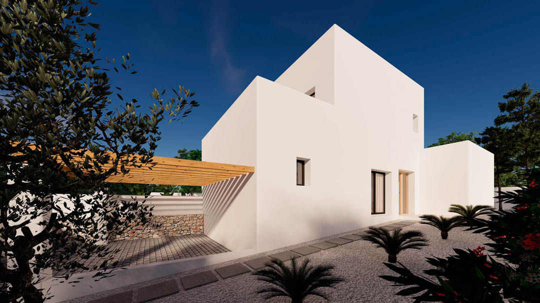 Fachada minimalista de estilo ibicenco con volúmenes blancos, pérgola de madera natural y jardín de bajo mantenimiento con gravilla, palmeras y olivos.